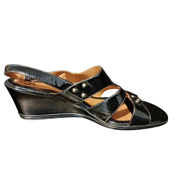 Sofft Black Patent Leather Studded Wedge Sandals Size 10 w/ Adjustable Strap - Picture 6 of 8